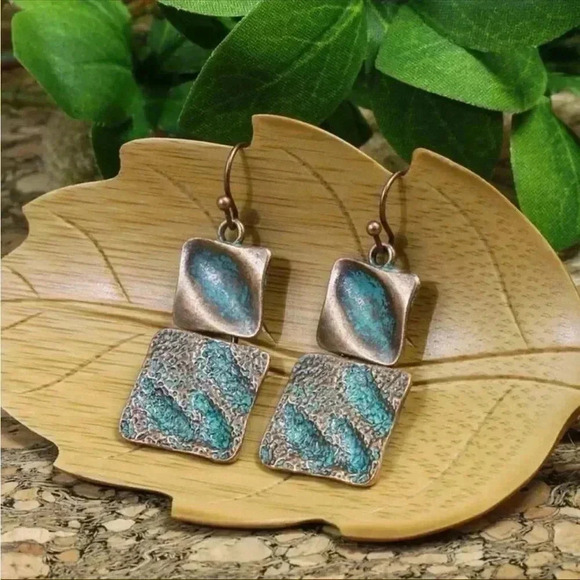 Bronze and Turquoise Square Drop Earrings - Picture 1 of 3